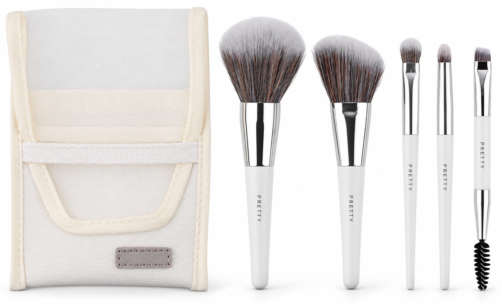 White mini brush and pouch set, produced brush design