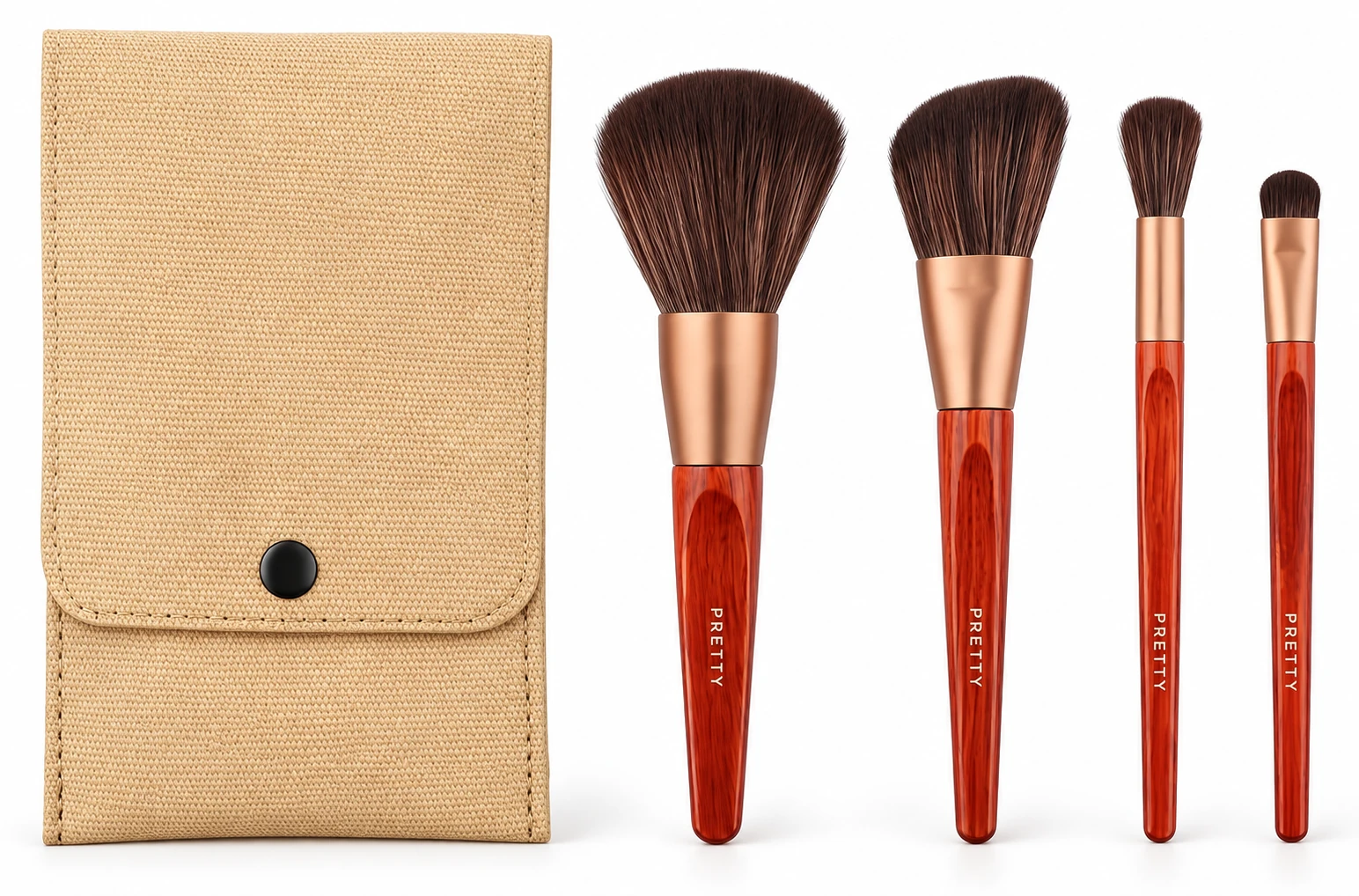 Red-brown mini brush and pouch set, produced brush design