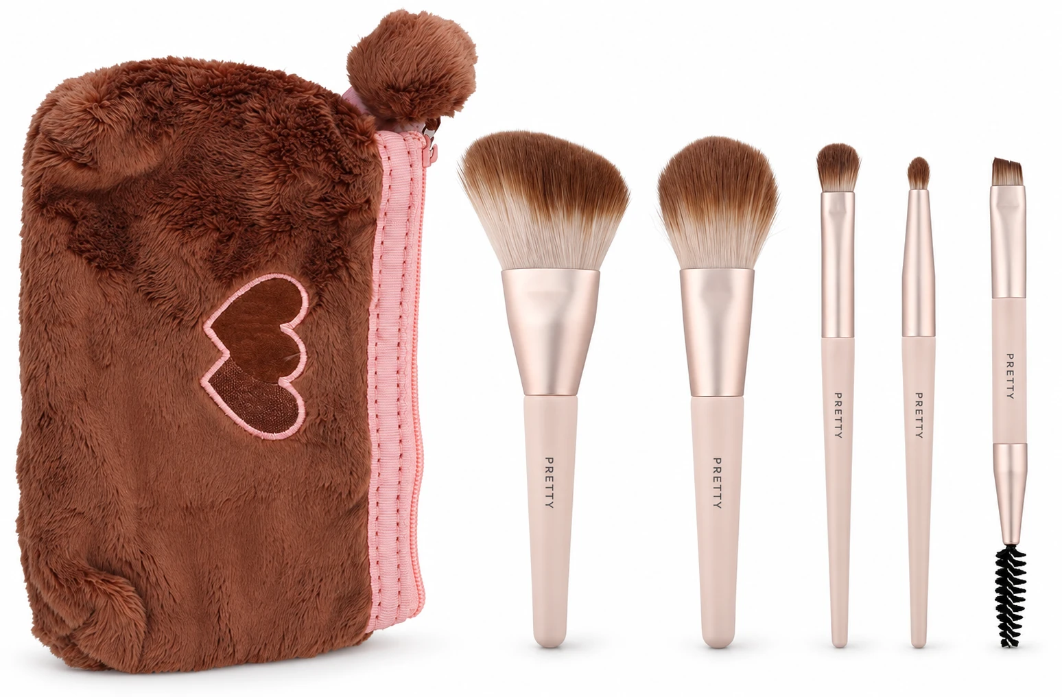 Travel & Compact Sets: Pale-pink five-brush set with brown textured pouch, factory reference