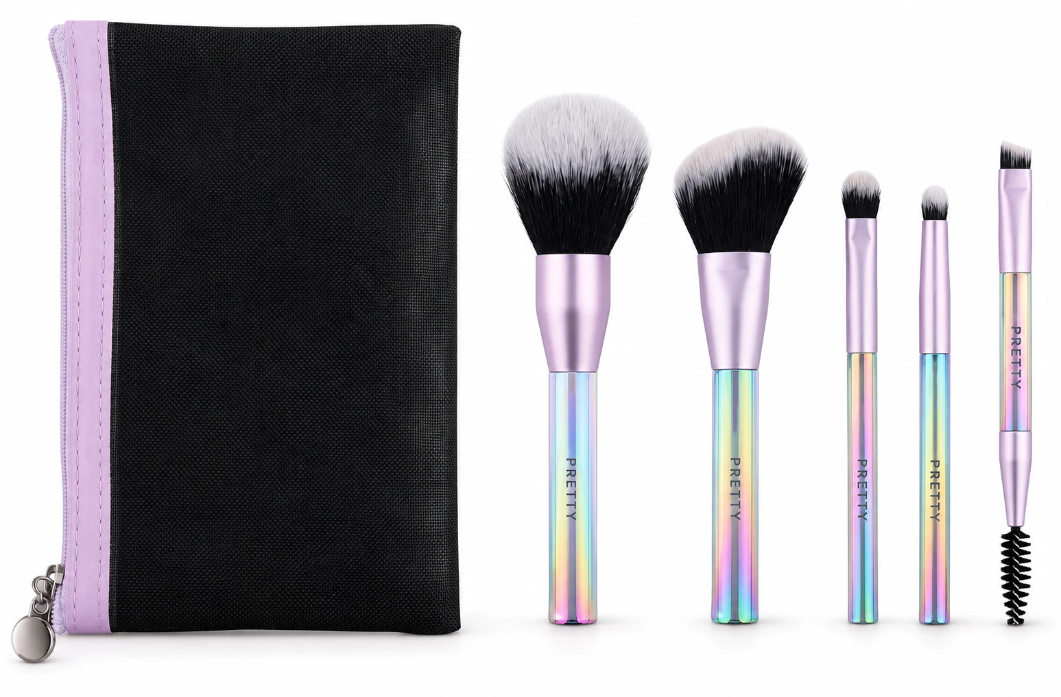Iridescent mini brush and pouch set, produced brush design