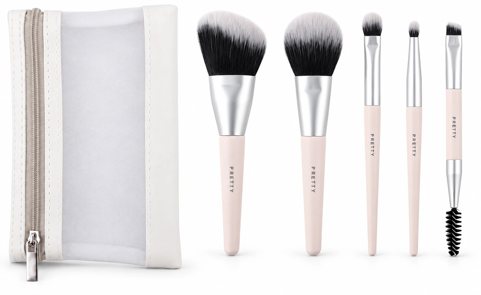 Pale pink mini brush and mesh pouch set, produced brush design