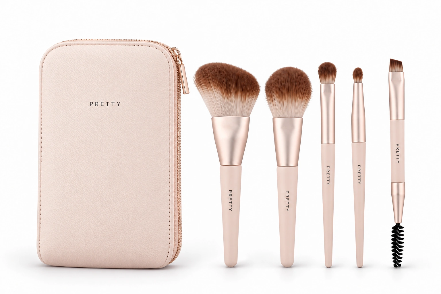 AI packaging concept: five pale-pink PRETTY brushes with an ivory zip case