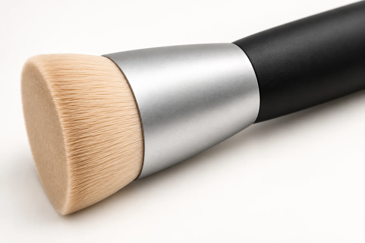 Flat foundation brush concept: wide satin-silver ferrule, AI detail visualization