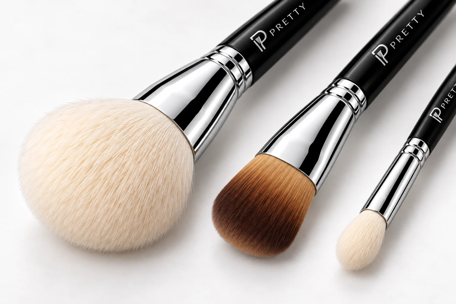 AI detail view of rounded powder, flat foundation and small blending heads with black PRETTY handles