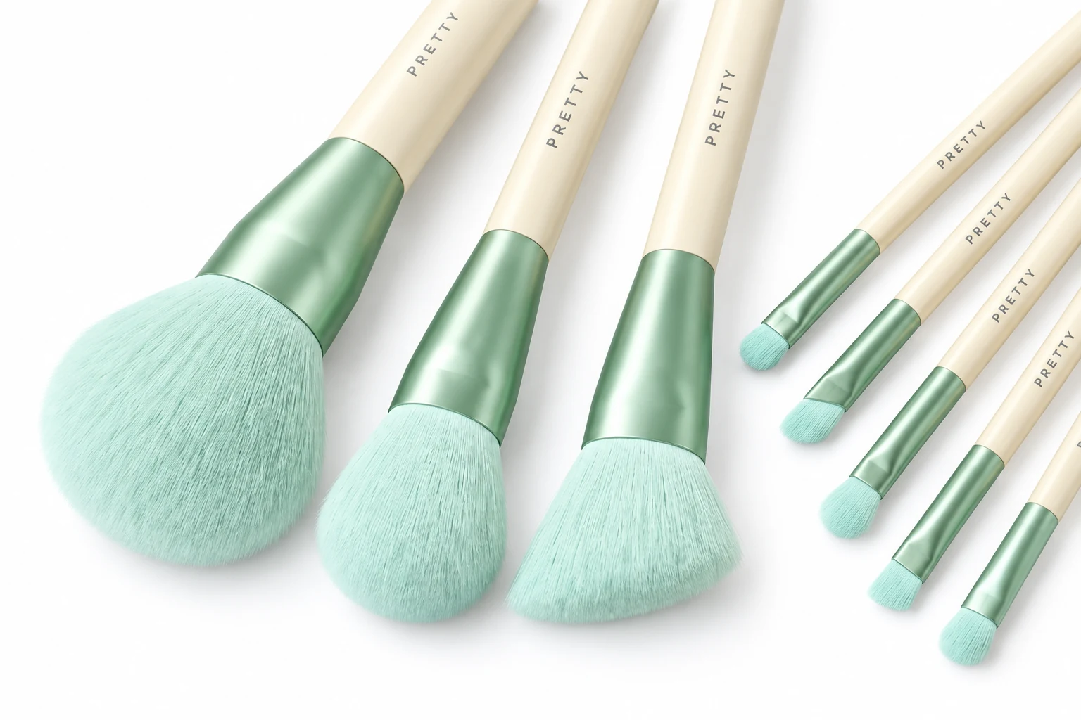 AI detail study of mint face and eye bristles, green ferrules and cream PRETTY handles