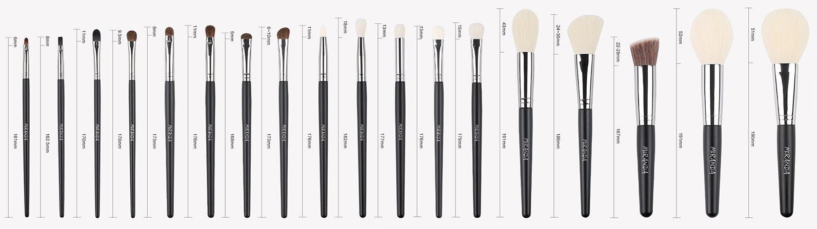 CAT-p028-lineup: Black handles silver-tone ferrules full specification lineup