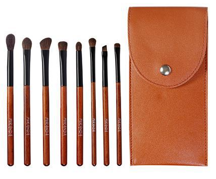 CAT-p036-eye-set-pouch: Brown handles black ferrules eye brush set with pouch