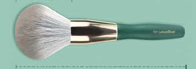 EN-p003-c02: Round powder - Green handles, gold-tone ferrules, pale brown/cream brush heads