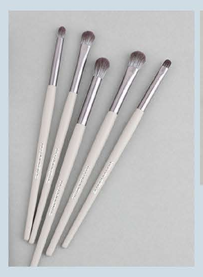 EN-p010-c07: Pale-gray and silver-tone five-brush colorway - Navy, pale gray, or burgundy handle colorways; gold-tone or silver-tone ferrules