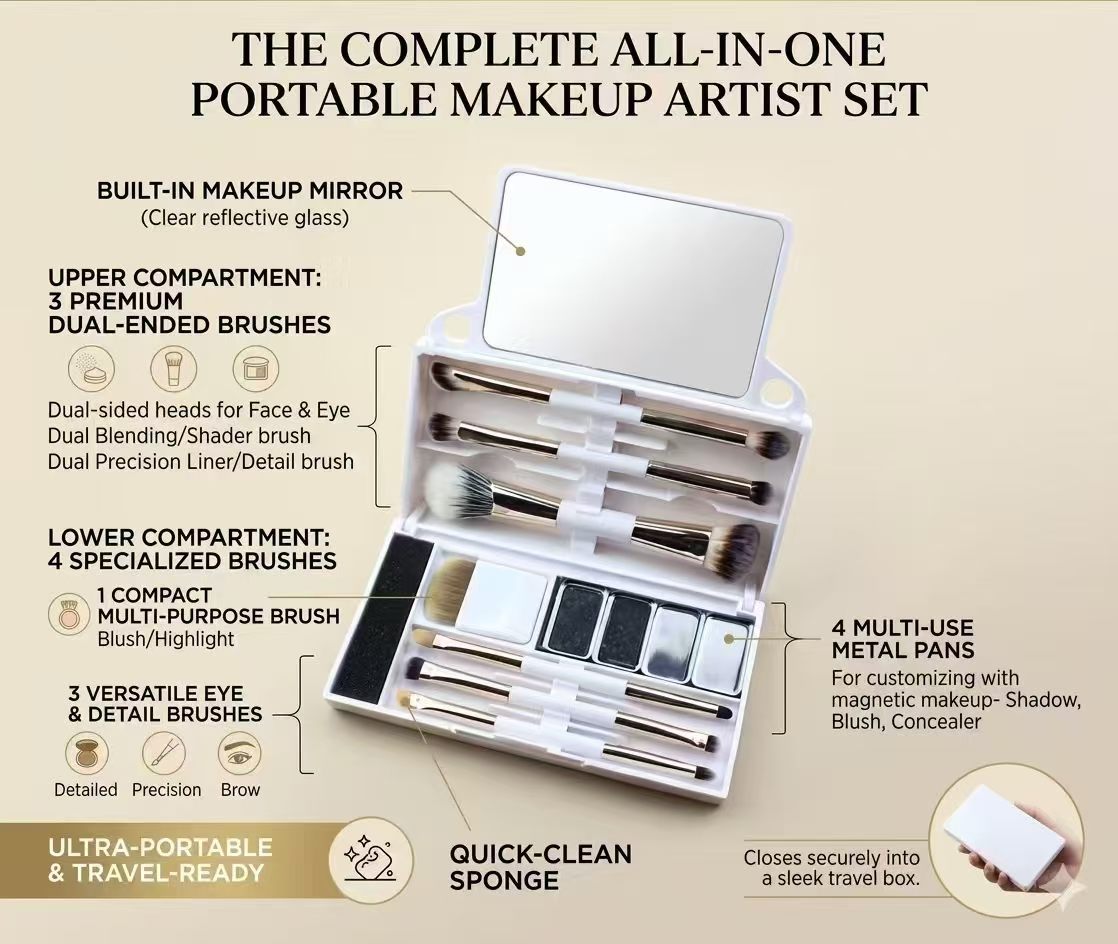 UP006: Open white mirrored case with assorted brushes and accessories