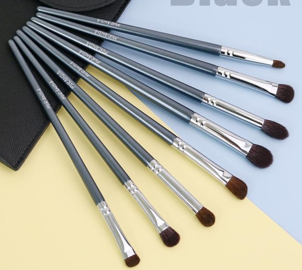 Slate blue handles silver-tone ferrules eye brush fan