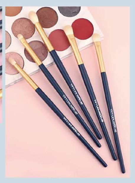 Navy and gold-tone five-brush colorway - Navy, pale gray, or burgundy handle colorways; gold-tone or silver-tone ferrules
