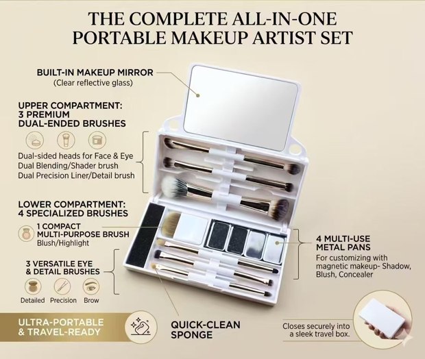 Open white mirrored case with assorted brushes and accessories