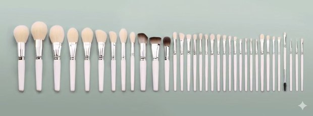 White-handle thirty-five-brush lineup with silver-tone ferrules