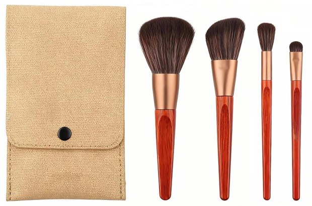 Tan pouch with four red grain-patterned handles