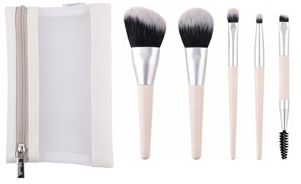 White mesh pouch with pink handle brush group