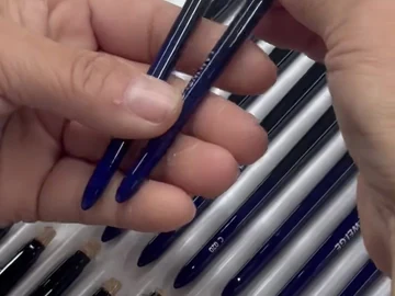 Two slim blue-handle brush samples in hand